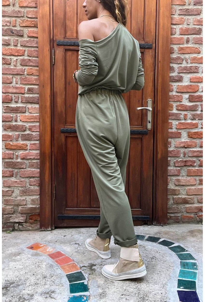 Kadın Haki Beli Bağlamalı Paçası Lastikli Cepli Omuz Dekolteli Eşofman Tulum Gk-Cckld351