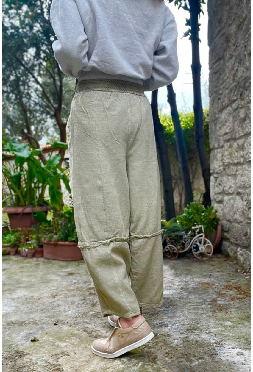 Haki Beli Lastikli Keten Görünümlü Yıkamalı Cepli Salaş Şalvar Pantolon RSD1230 90 33