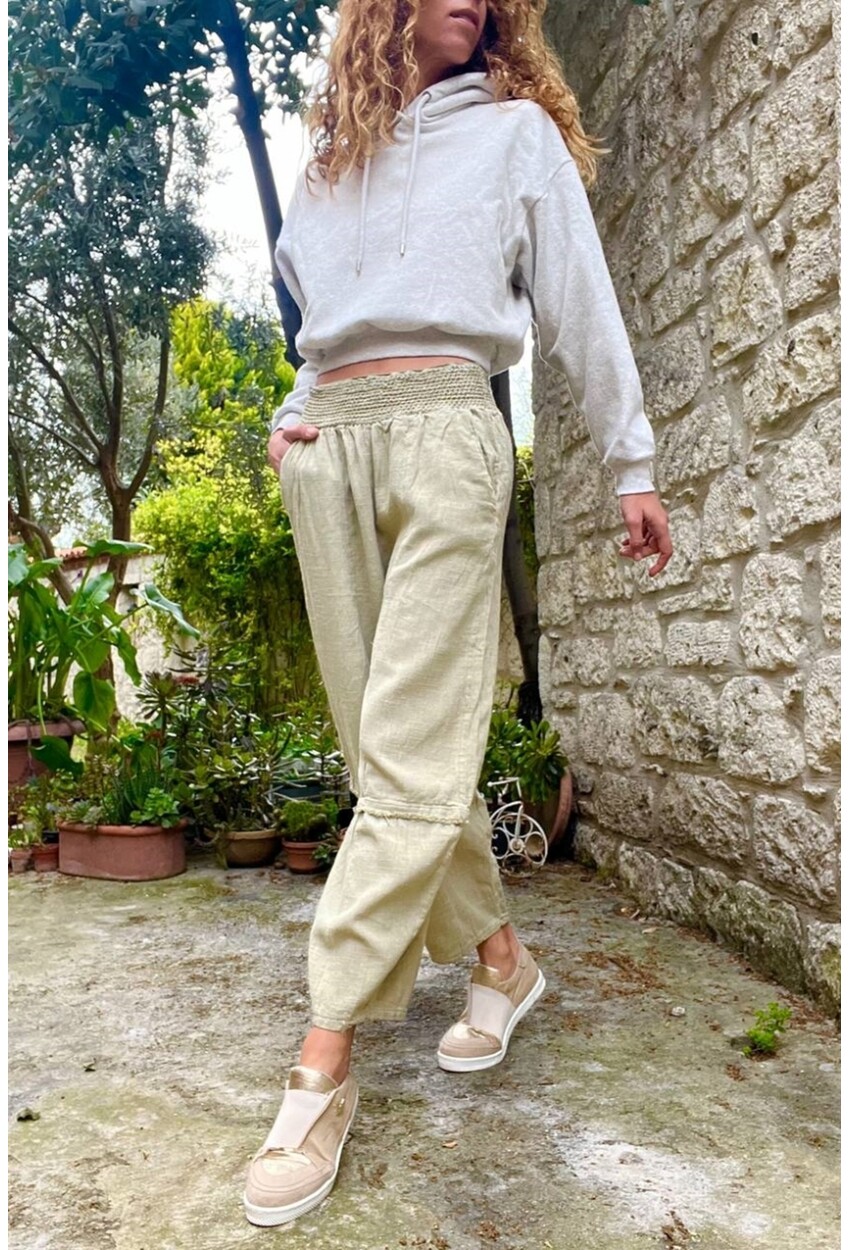 Haki Beli Lastikli Keten Görünümlü Yıkamalı Cepli Salaş Şalvar Pantolon RSD1230 90 33