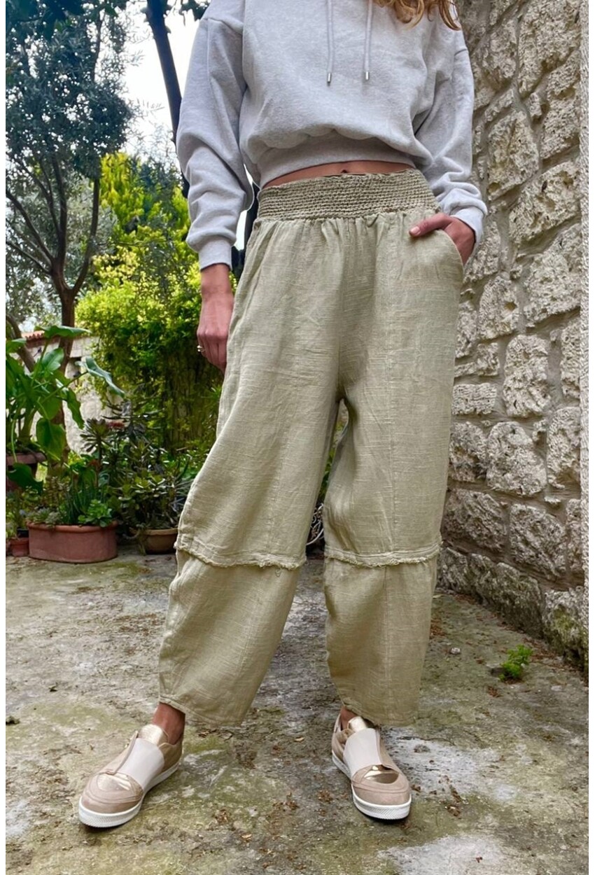 Haki Beli Lastikli Keten Görünümlü Yıkamalı Cepli Salaş Şalvar Pantolon RSD1230 90 33