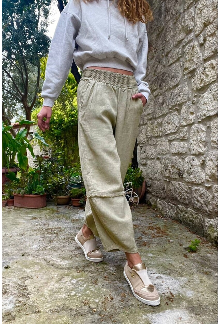 Haki Beli Lastikli Keten Görünümlü Yıkamalı Cepli Salaş Şalvar Pantolon RSD1230 90 33
