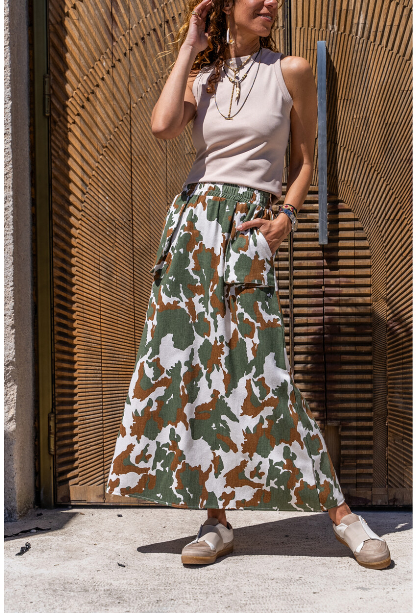 Kadın Haki-Ekru Kendinden Desenli Gabardin Çift Cep Beli Lastikli Uzun Etek BST700-3553