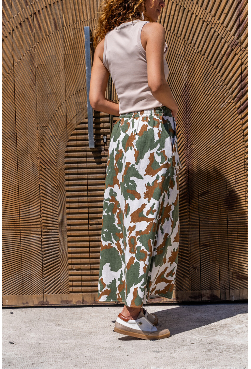 Kadın Haki-Ekru Kendinden Desenli Gabardin Çift Cep Beli Lastikli Uzun Etek BST700-3553