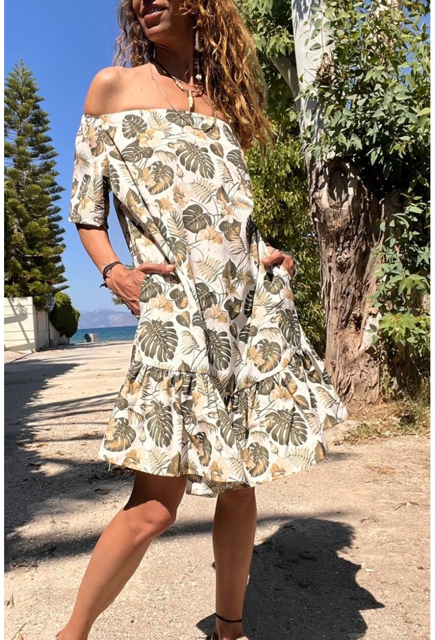 Kadın Haki Madonna Yaka Eteği Volanlı Cepli Desenli Salaş Elbise BST-3633Haki