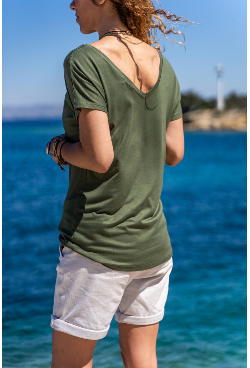 Kadın Haki Ön Arka V Salaş T-Shirt JR500
