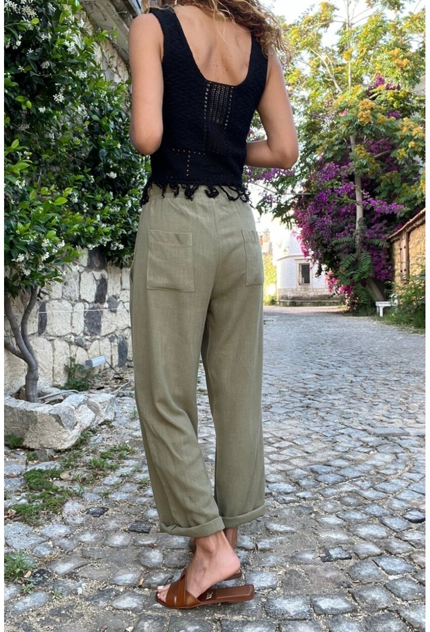 Kadın Haki Özel Dokulu Beli Lastikli Cepli Salaş Pantolon BST3638
