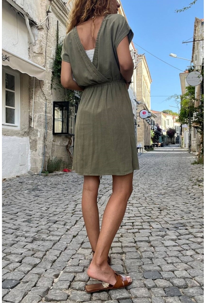 Haki Özel Dokulu Beli Lastikli Ön Arka Kruvaze Kiloş Elbise BST3639