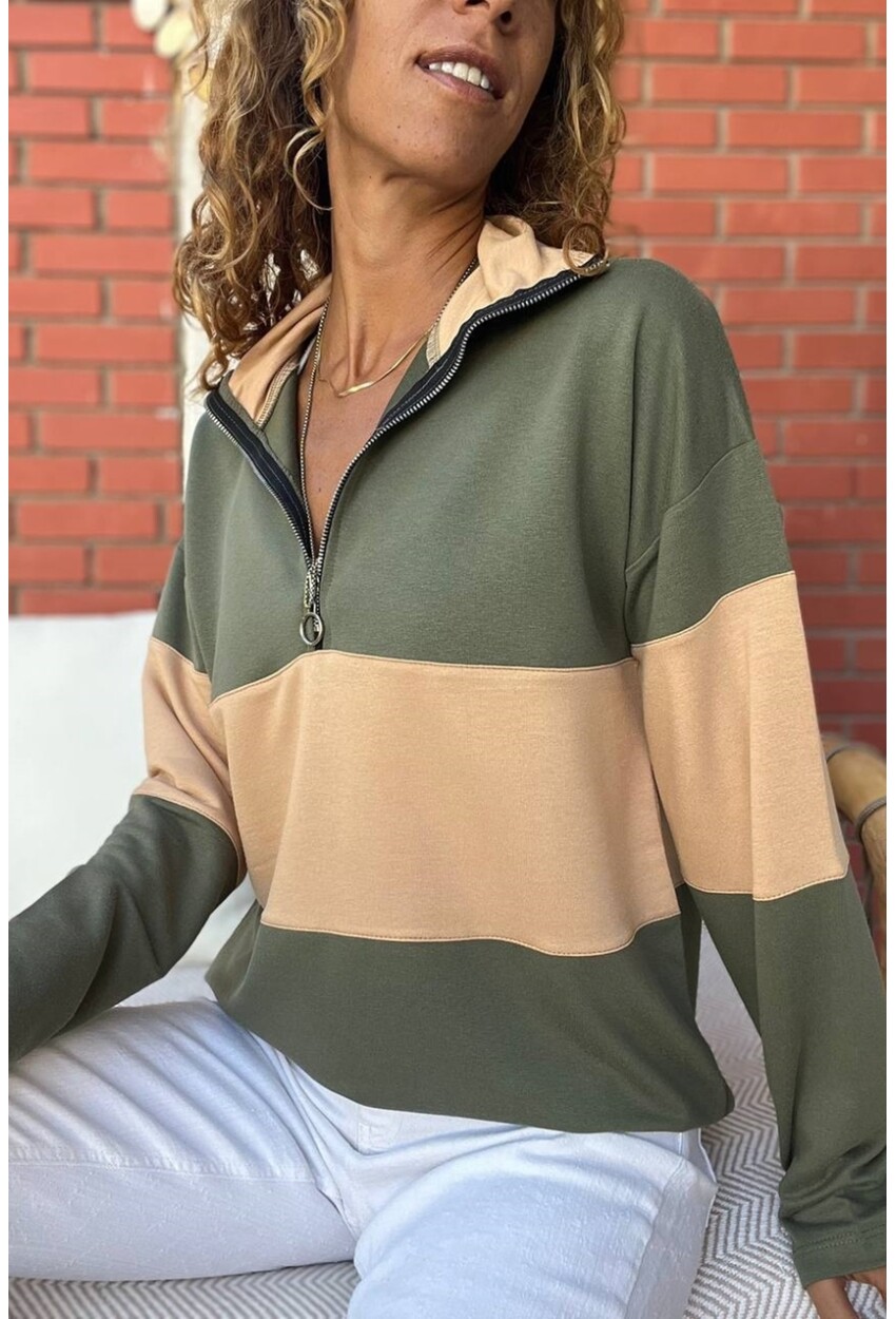 Kadın Haki Yakası Fermuarlı Color Block Polo Yaka Salaş Sweatshirt Bst3471