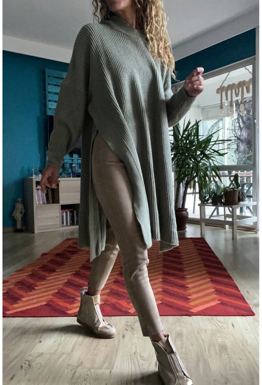 Kadın Haki Yanı Yırtmaçlı Kapüşonlu Uzun Salaş Tunik Kazak Cck95001