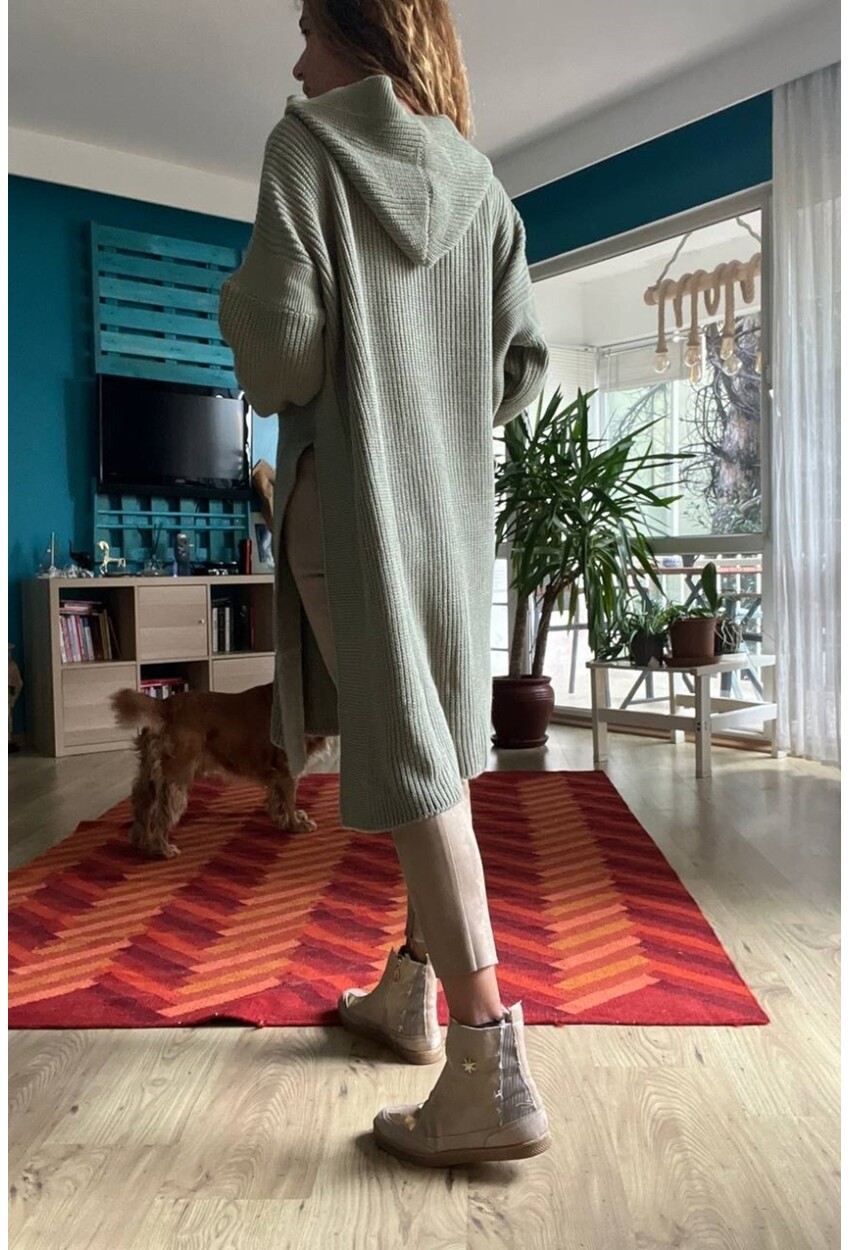 Kadın Haki Yanı Yırtmaçlı Kapüşonlu Uzun Salaş Tunik Kazak Cck95001