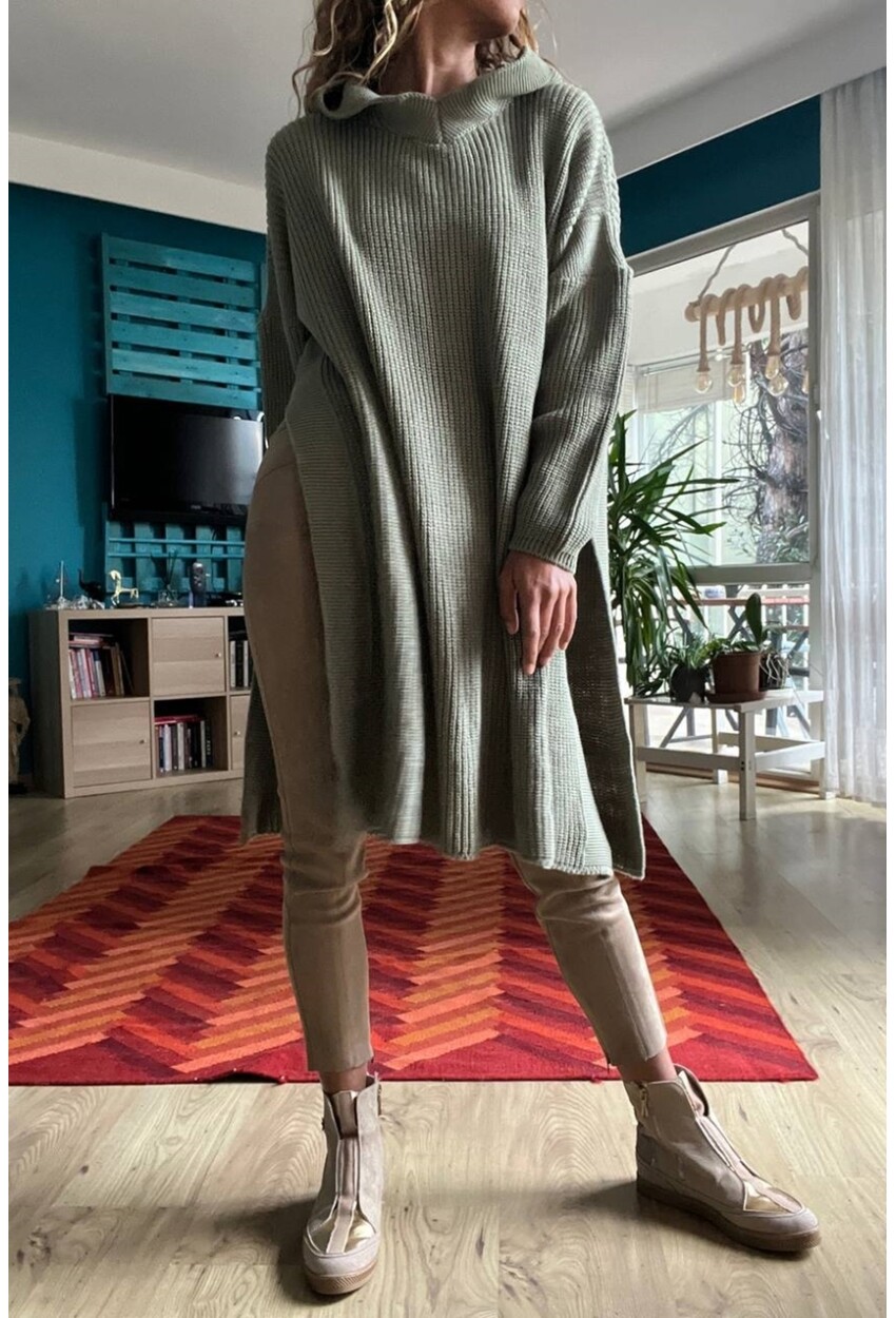 Kadın Haki Yanı Yırtmaçlı Kapüşonlu Uzun Salaş Tunik Kazak Cck95001