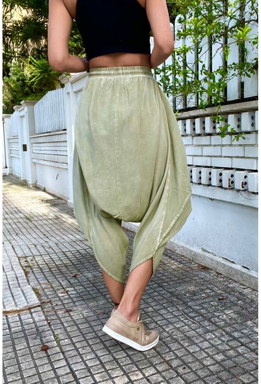 Kadın Haki Yıkamalı Asimetrik Kat Detaylı Beli Lastikli Şalvar Pantolon RSD1228