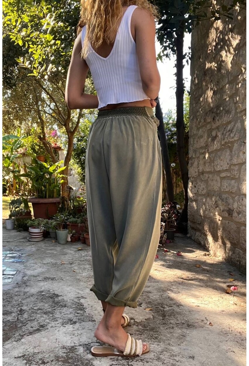 Kadın Haki Yıkamalı Beli Püskül Korse Detaylı Yumuşak Dokulu Salaş Şalvar Pantolon RSD1133