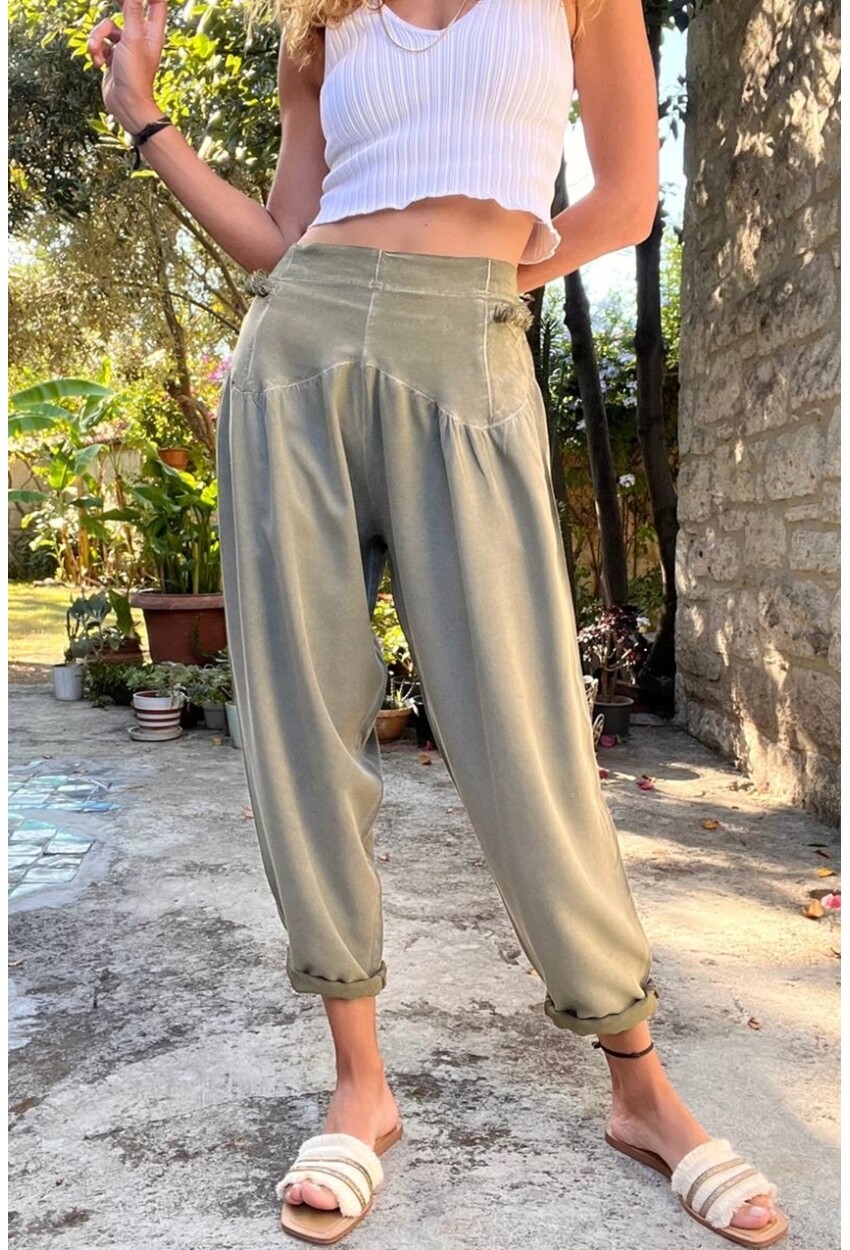 Kadın Haki Yıkamalı Beli Püskül Korse Detaylı Yumuşak Dokulu Salaş Şalvar Pantolon RSD1133