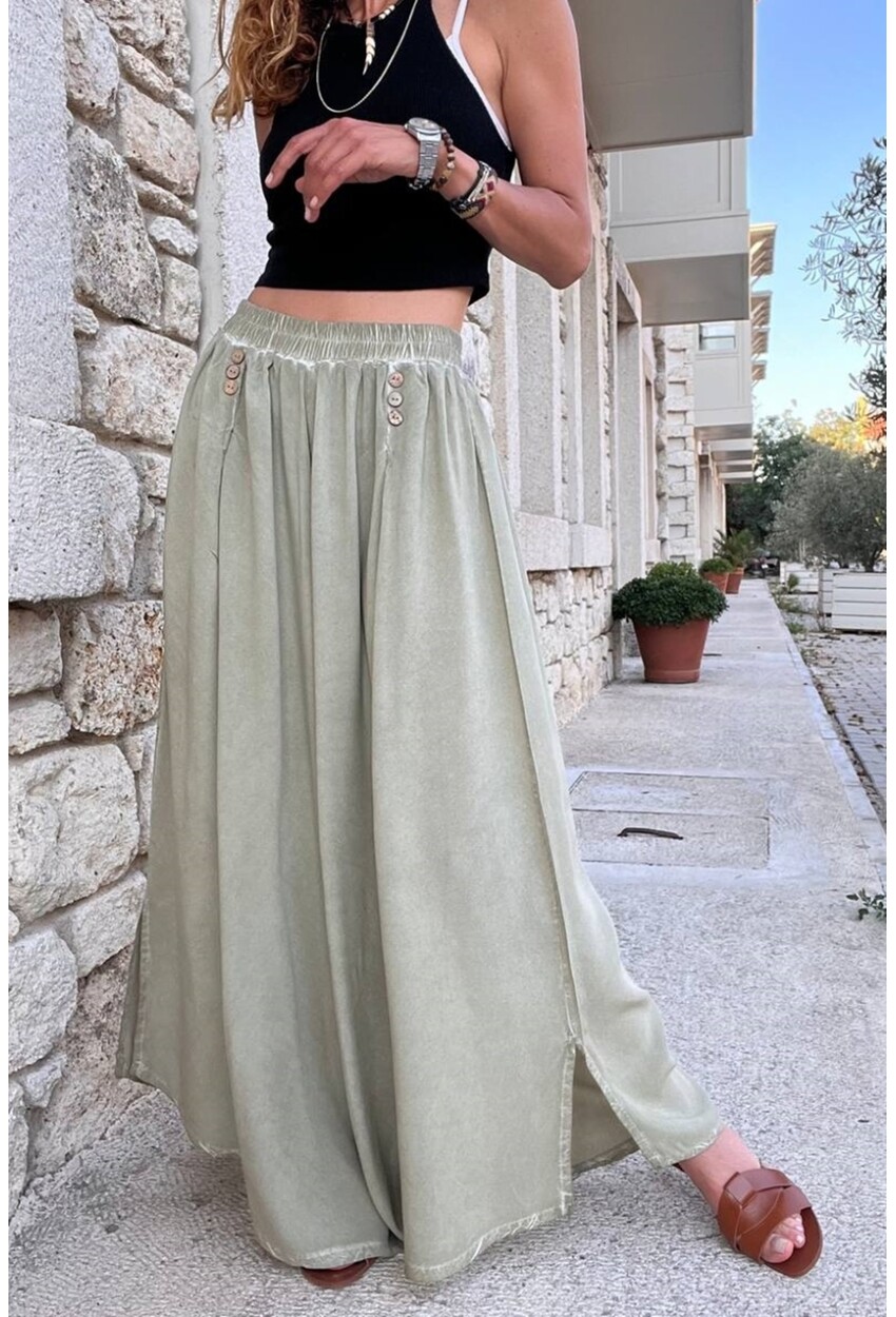 Kadın Haki Yıkamalı Cepli Yırtmaçlı Bol Kesim Yumuşak Dokulu Salaş Pantolon RSD1234