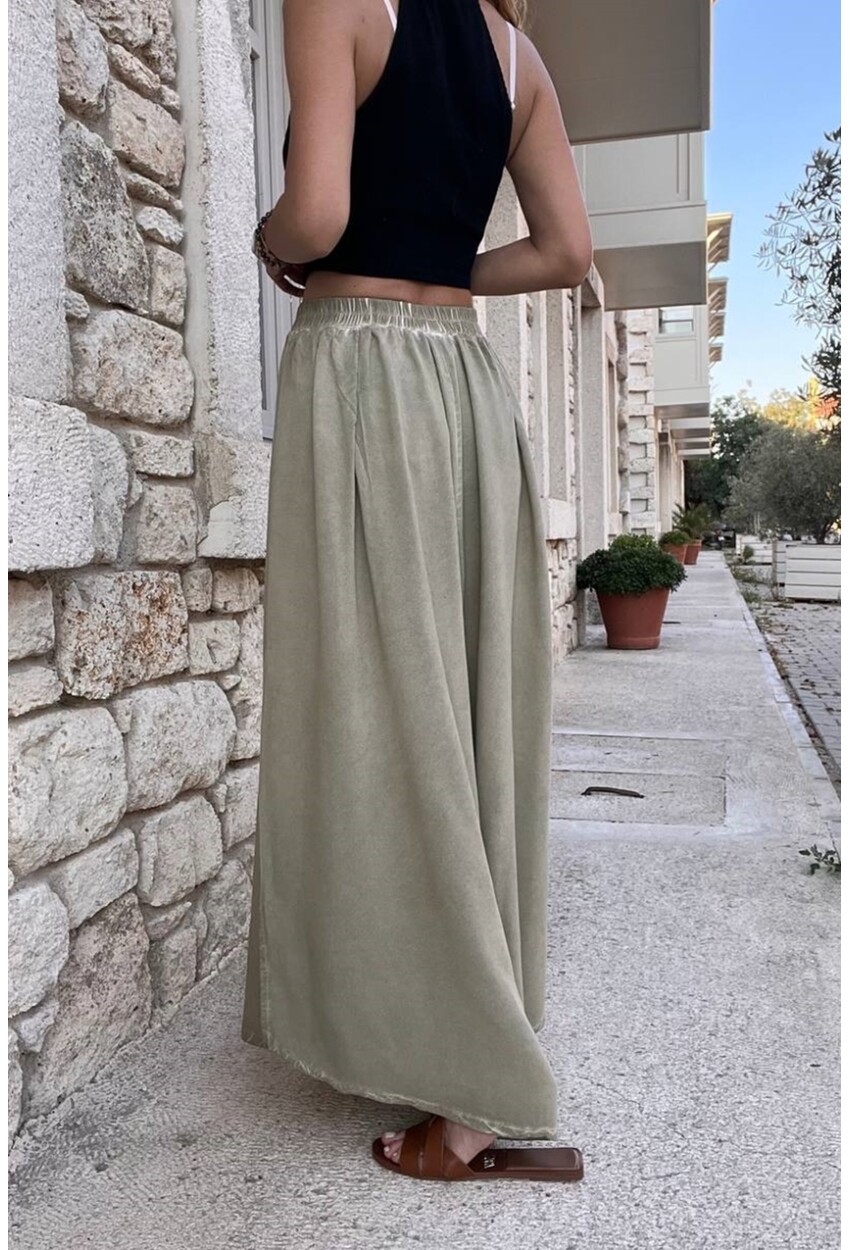 Kadın Haki Yıkamalı Cepli Yırtmaçlı Bol Kesim Yumuşak Dokulu Salaş Pantolon RSD1234