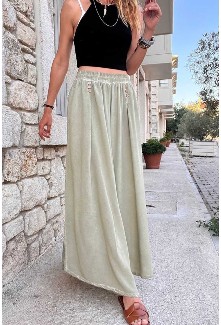 Kadın Haki Yıkamalı Cepli Yırtmaçlı Bol Kesim Yumuşak Dokulu Salaş Pantolon RSD1234