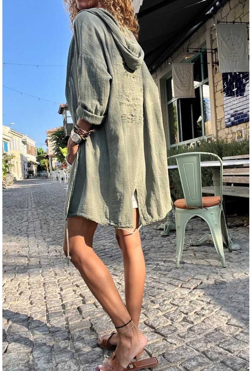 Kadın Haki Yıkamalı Kapüşonlu Eskitme Detaylı Eteği Bağlamalı Keten Görünümlü Salaş Hırka RSD1198
