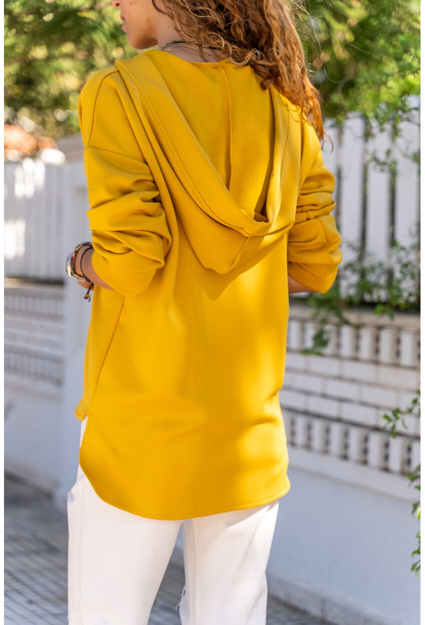 Kadın Hardal V Yaka Kapüşonlu Arkası Uzun Scuba Salaş Sweatshirt BST700-3506
