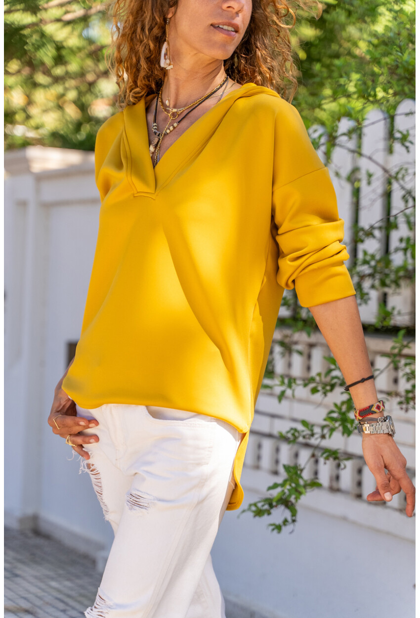 Kadın Hardal V Yaka Kapüşonlu Arkası Uzun Scuba Salaş Sweatshirt BST700-3506