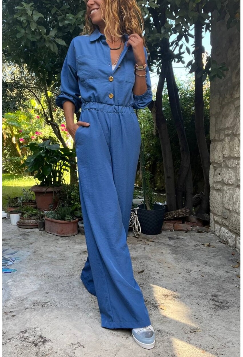 Kadın İndigo Yarım Patlı Beli Lastikli Bol Paça Cepli Salaş Tulum Bst3360