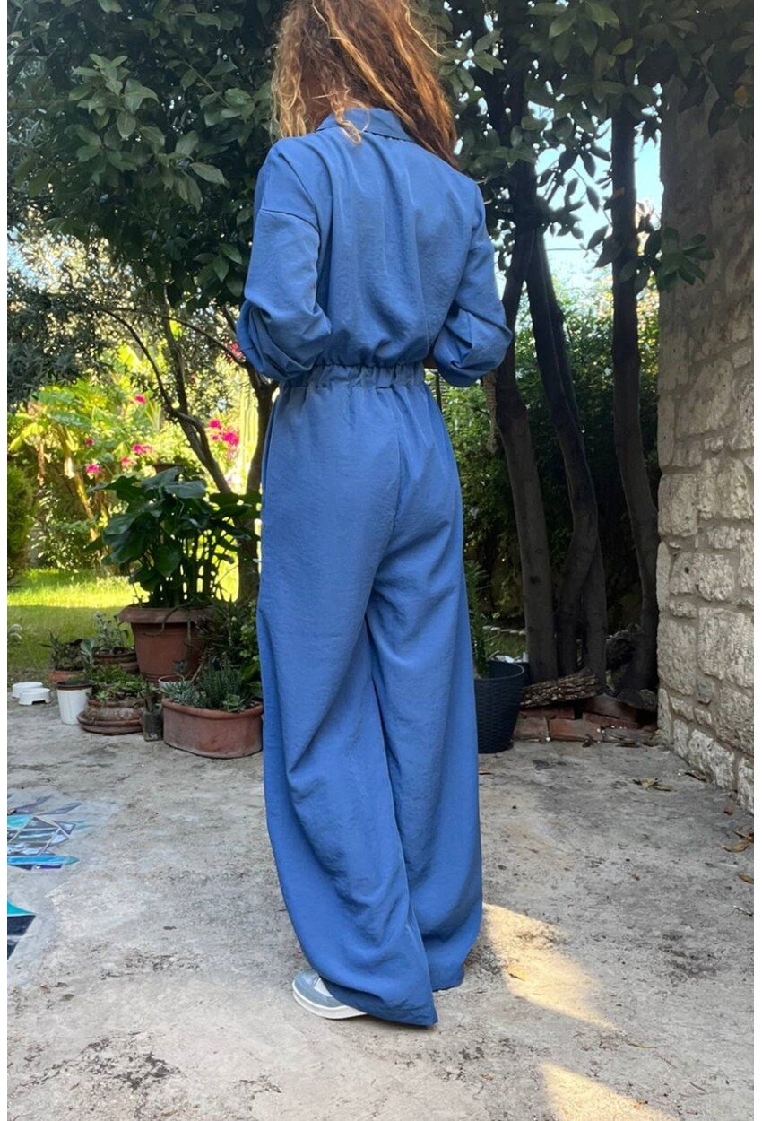 Kadın İndigo Yarım Patlı Beli Lastikli Bol Paça Cepli Salaş Tulum Bst3360