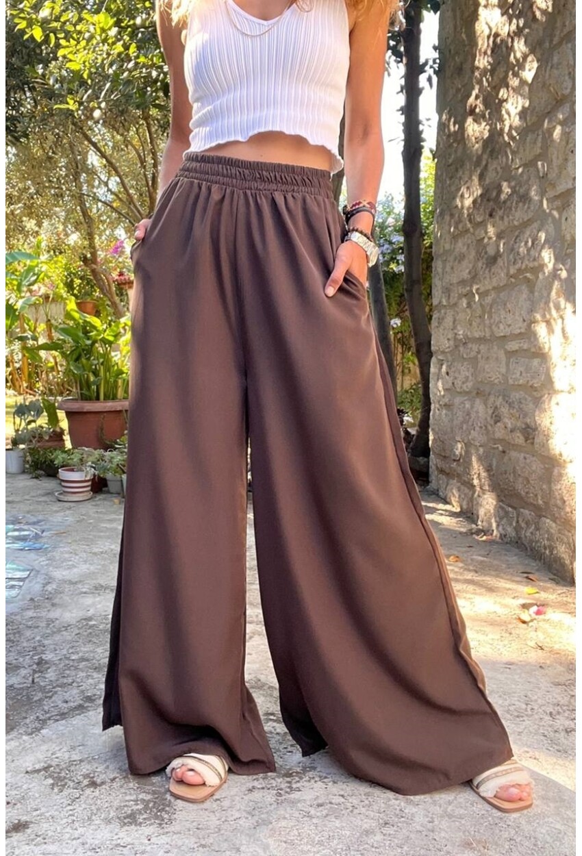 Kadın Kahverengi Beli Lastikli Cepli Bol Paça Yumuşak Dokulu Salaş Pantolon BST3391