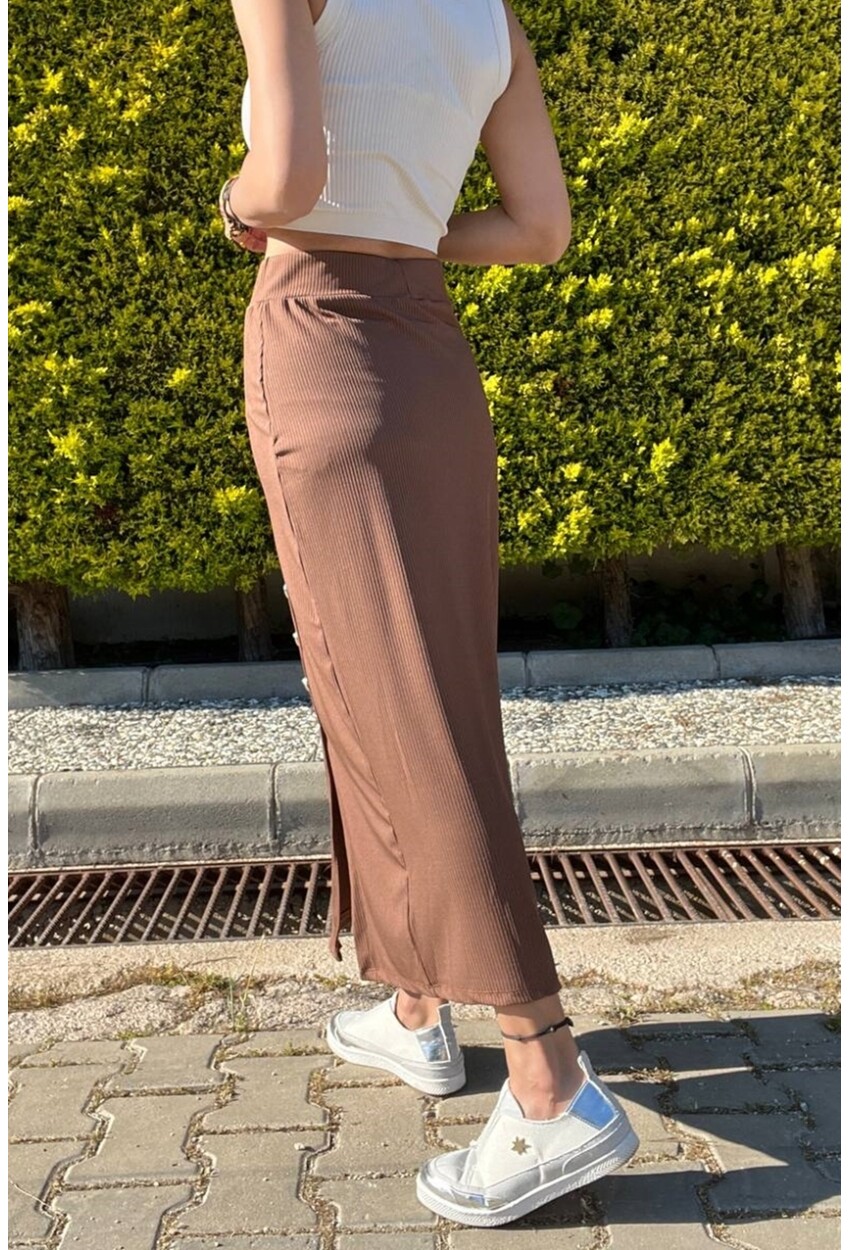 Kadın Kahverengi Beli Lastikli Düğmeli Yırtmaçlı Kaşkorse Etek BST700-3599