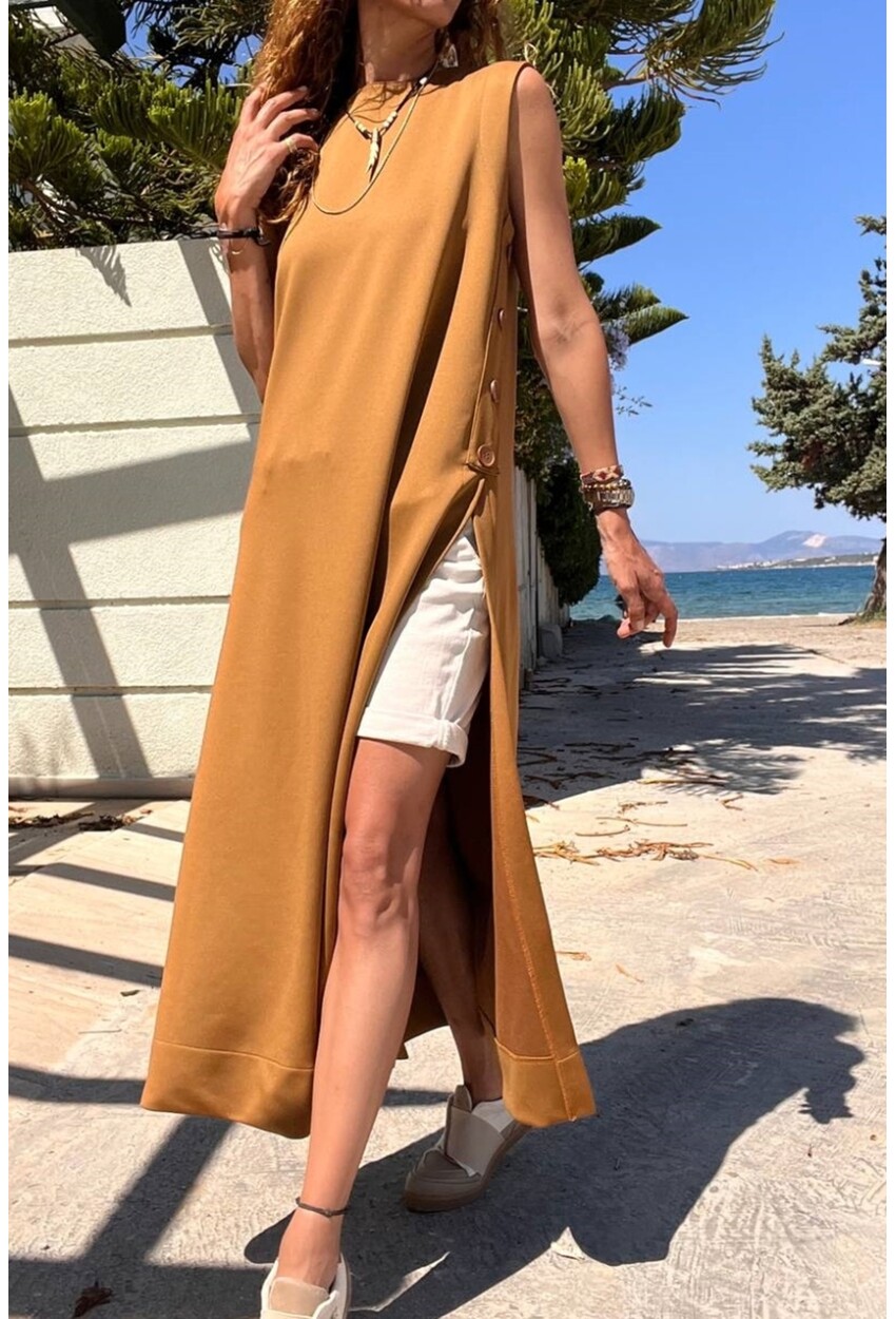 Kadın Kahverengi Scuba Yanı Düğmeli ve Yırtmaçlı Uzun Tunik Elbise BST700-3561