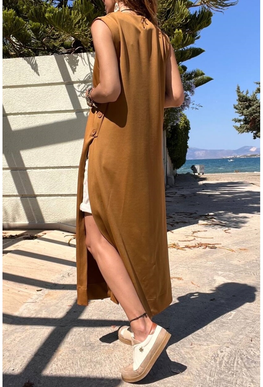 Kadın Kahverengi Scuba Yanı Düğmeli ve Yırtmaçlı Uzun Tunik Elbise BST700-3561