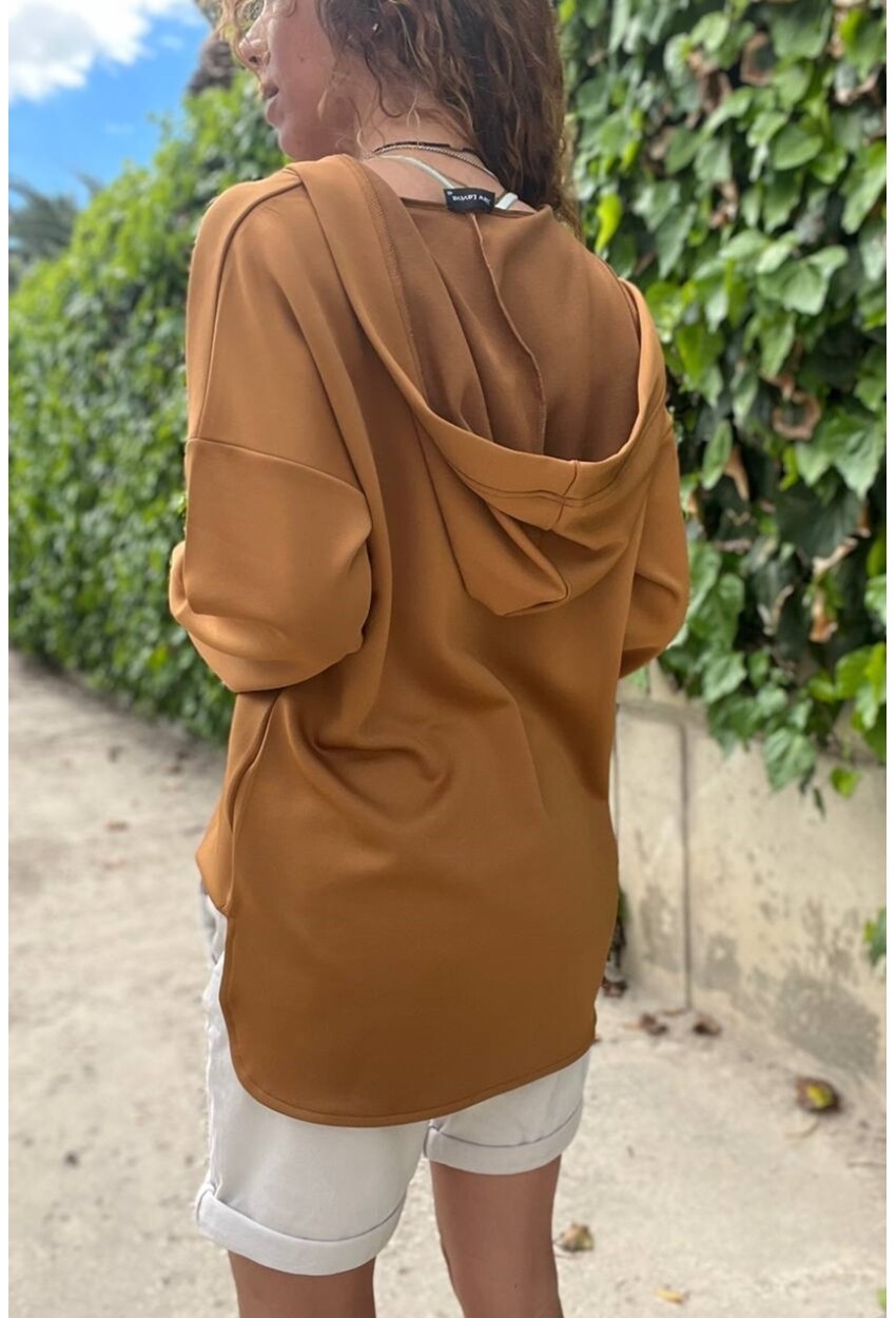 Kadın Kahverengi V Yaka Kapüşonlu Arkası Uzun Scuba Salaş Sweatshirt BST700-3506