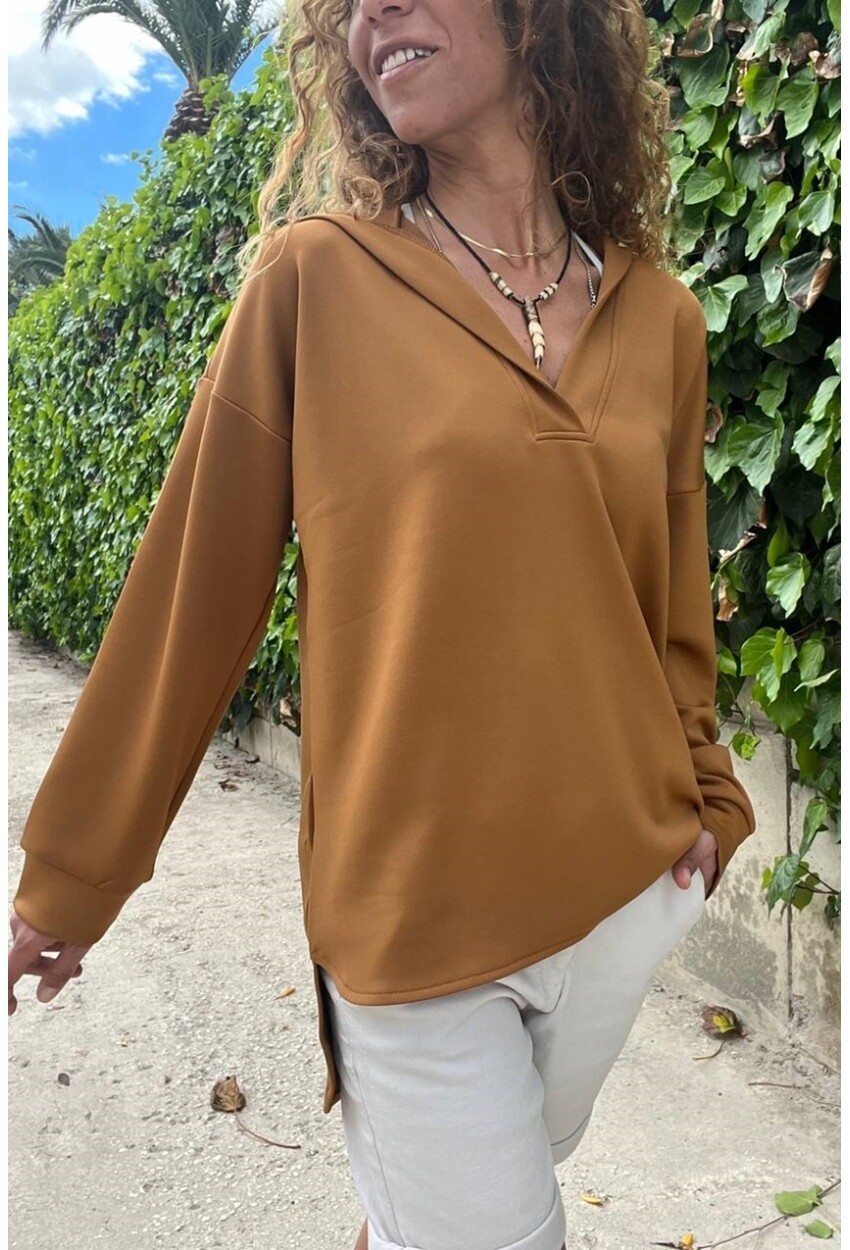Kadın Kahverengi V Yaka Kapüşonlu Arkası Uzun Scuba Salaş Sweatshirt BST700-3506