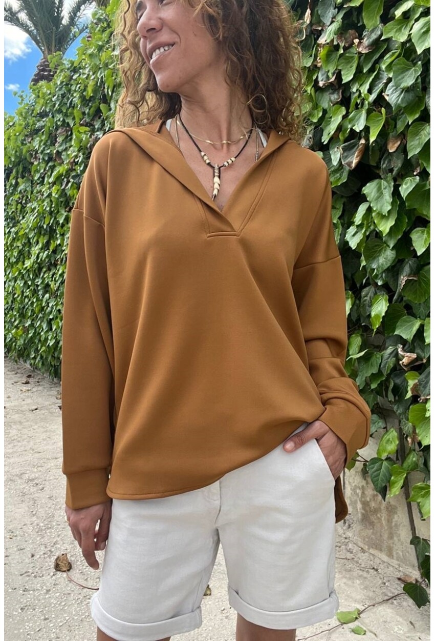 Kadın Kahverengi V Yaka Kapüşonlu Arkası Uzun Scuba Salaş Sweatshirt BST700-3506