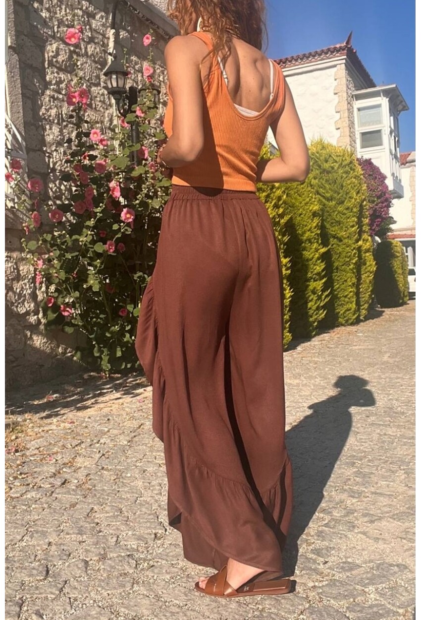 Kadın Kahverengi Yanı Fırfırlı Yırtmaçlı Beli Lastikli Belmando Salaş Şalvar Pantolon BST-3635Kahverengi