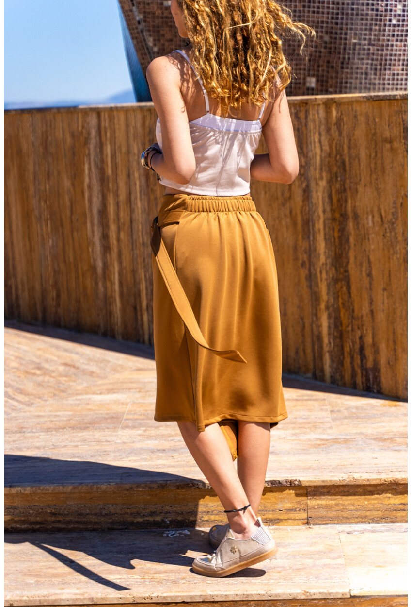 Kadın Karamel Beli Lastikli Asimetrik Kesim Tokalı Diz Altı Etek BST700-3566