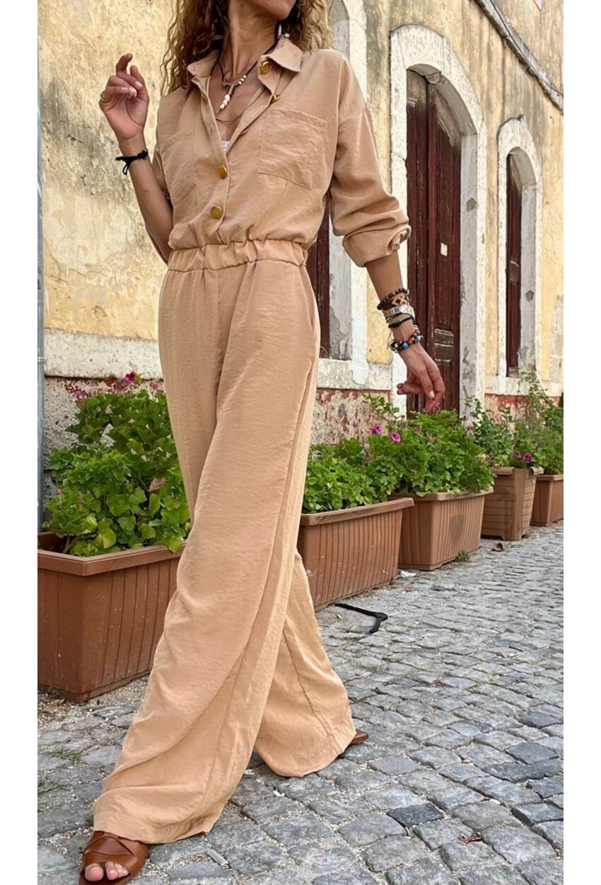 Kadın Karamel Yarım Patlı Beli Lastikli Bol Paça Cepli Salaş Tulum Bst3360