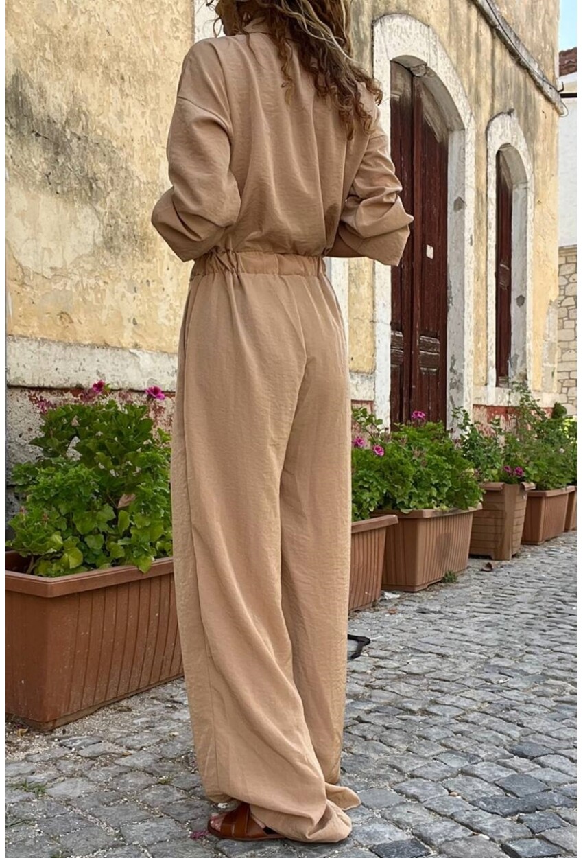 Kadın Karamel Yarım Patlı Beli Lastikli Bol Paça Cepli Salaş Tulum Bst3360