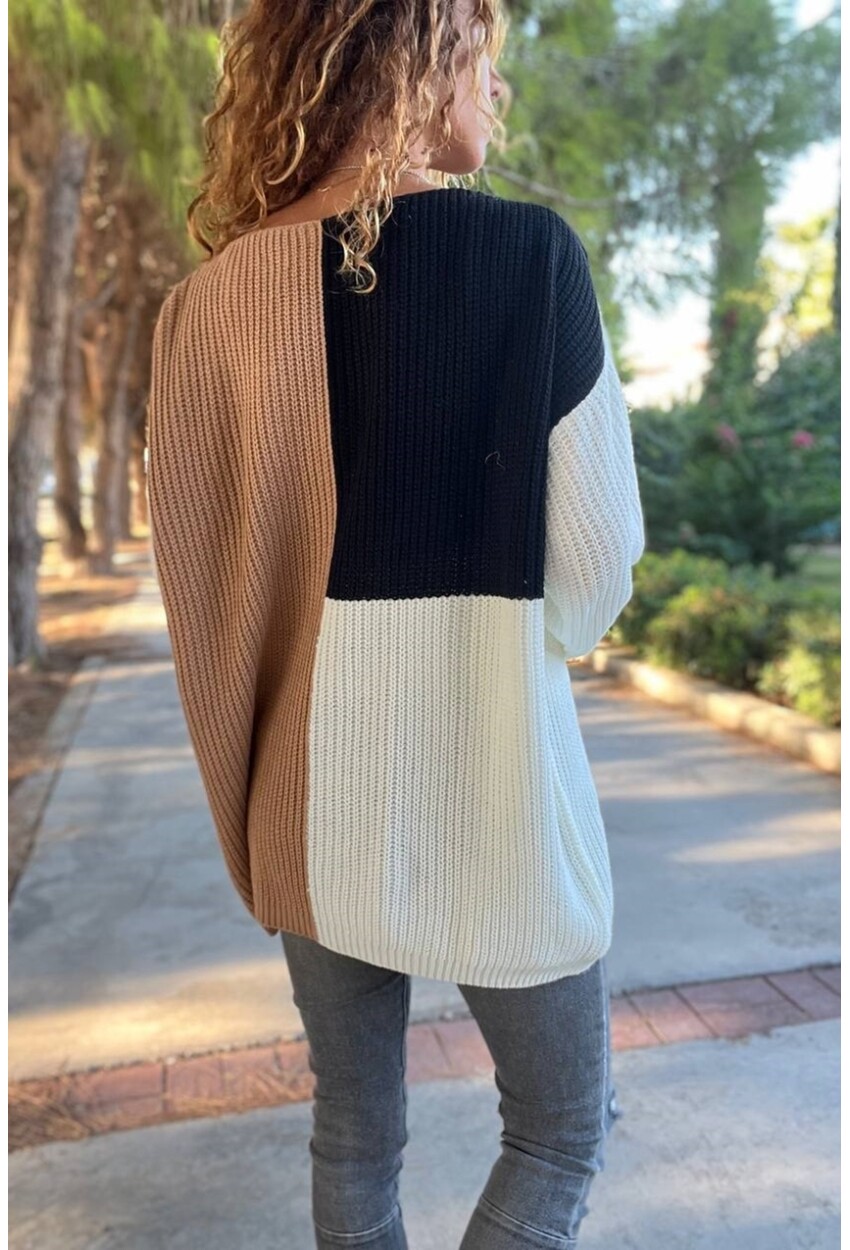 Kadın Kiremit-Ekru Color Block Yumuşak Dokulu Salaş Kazak CCK41000