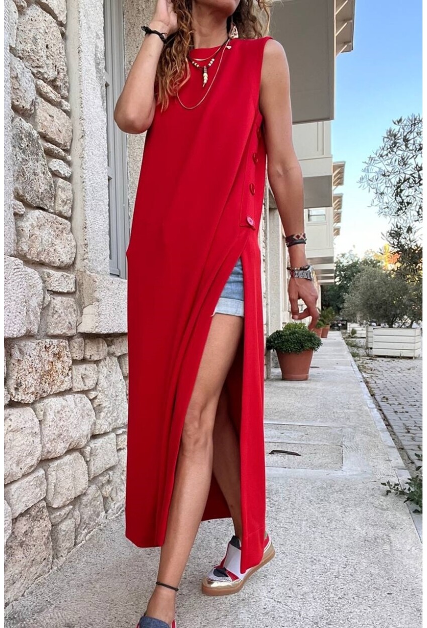 Kadın Kırmızı Scuba Yanı Düğmeli ve Yırtmaçlı Uzun Tunik Elbise BST700-3561