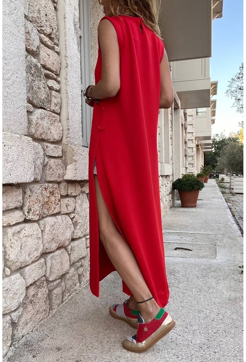 Kadın Kırmızı Scuba Yanı Düğmeli ve Yırtmaçlı Uzun Tunik Elbise BST700-3561