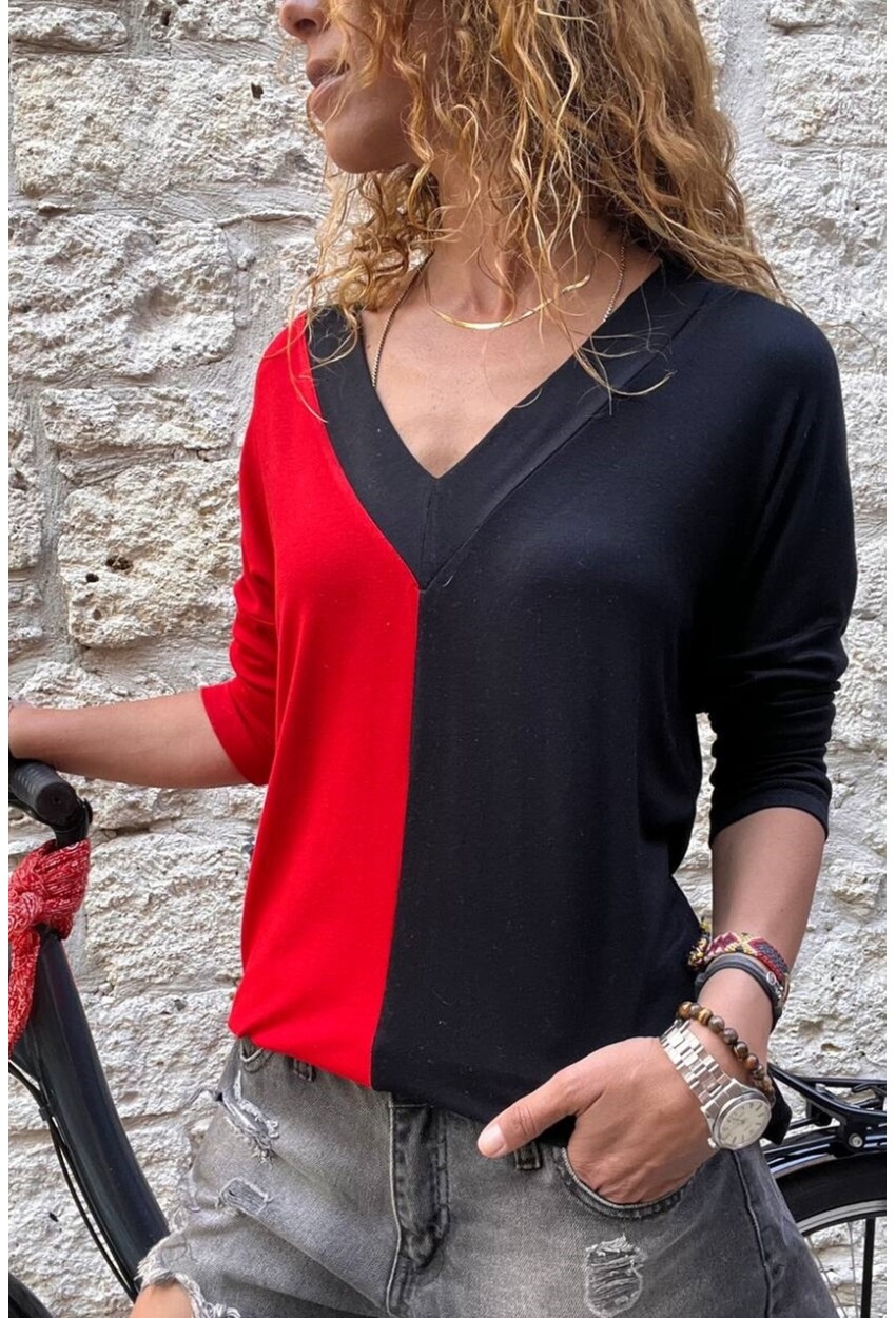 Kadın Kırmızı V Yaka Color Block Bluz BST700-3587
