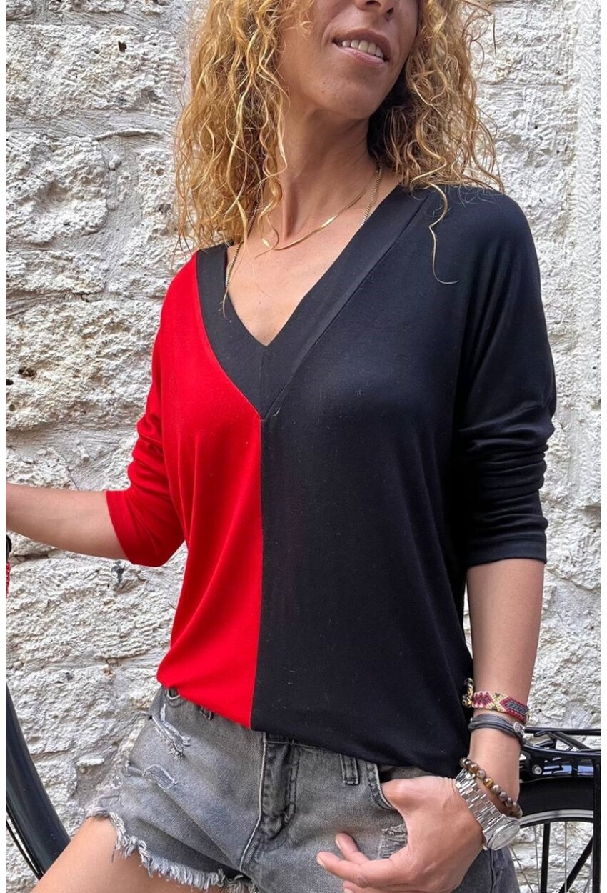Kadın Kırmızı V Yaka Color Block Bluz BST700-3587