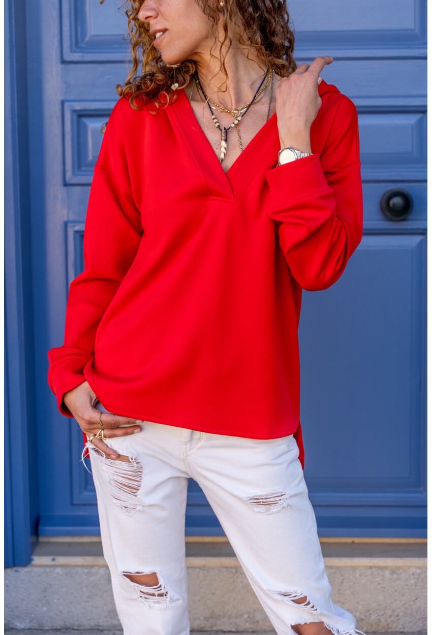 Kadın Kırmızı V Yaka Kapüşonlu Arkası Uzun Scuba Salaş Sweatshirt BST700-3506