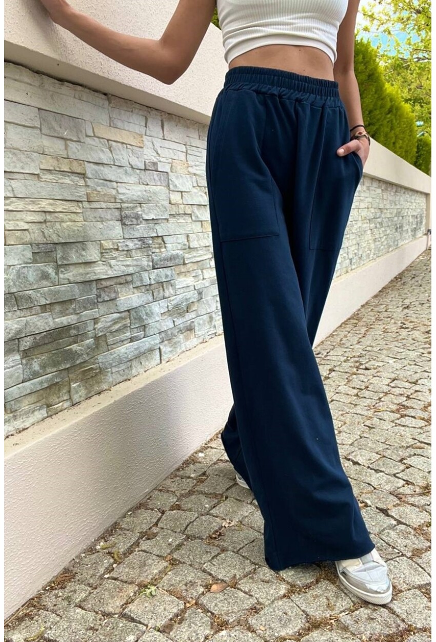 Kadın Lacivert Beli Lastikli Cepli Palazzo Pantolon BST700-3465