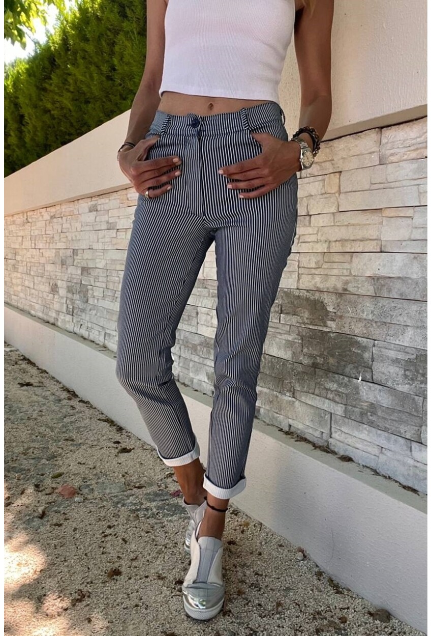 Kadın Lacivert-Beyaz Cepli Likralı Slim Fit Çizgili Pantolon BST3547Lacivert-Beyaz