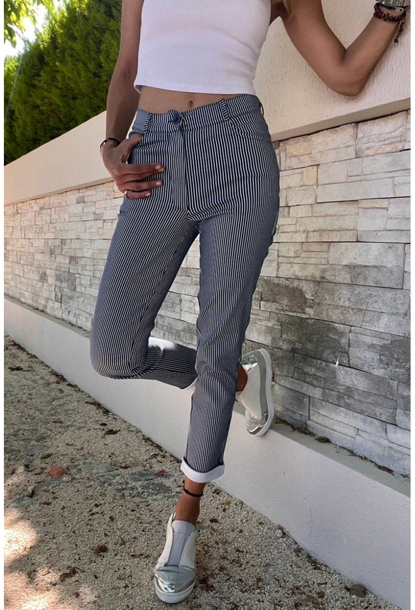Kadın Lacivert-Beyaz Cepli Likralı Slim Fit Çizgili Pantolon BST3547Lacivert-Beyaz