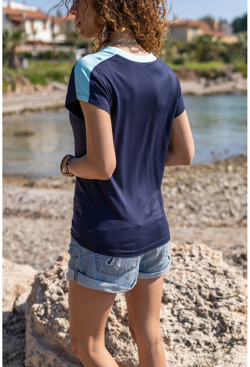 Lacivert Color Block Omzu Garnili T-Shirt Bst3229