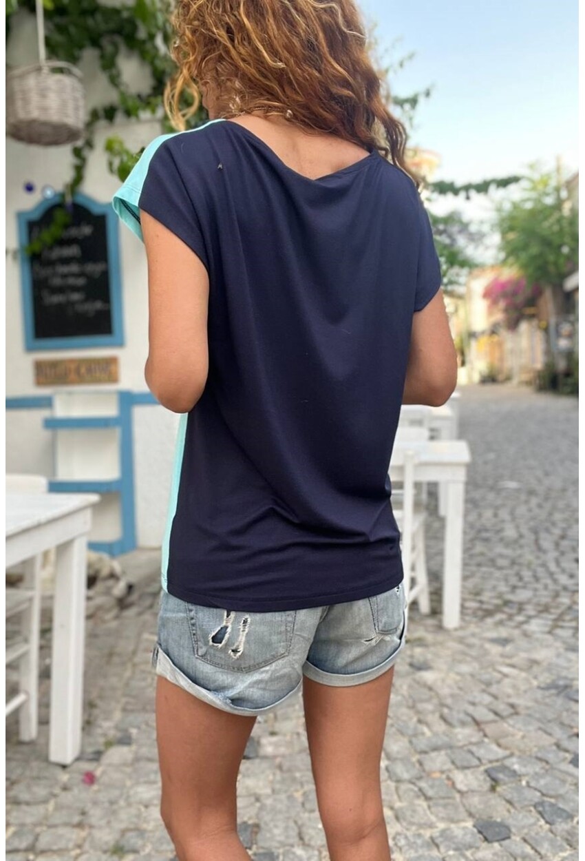 Kadın Lacivert Color Block Salaş T-Shirt GK-JR402