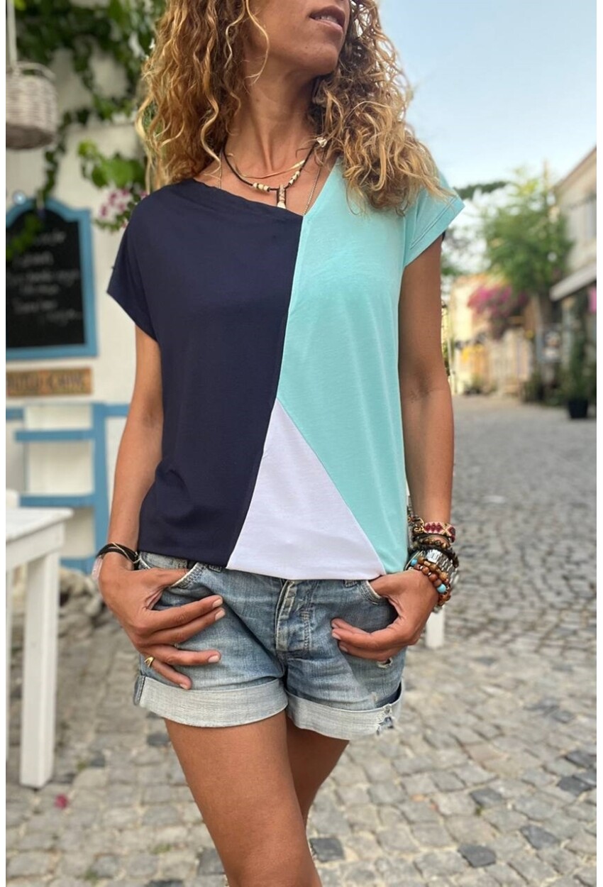 Kadın Lacivert Color Block Salaş T-Shirt GK-JR402