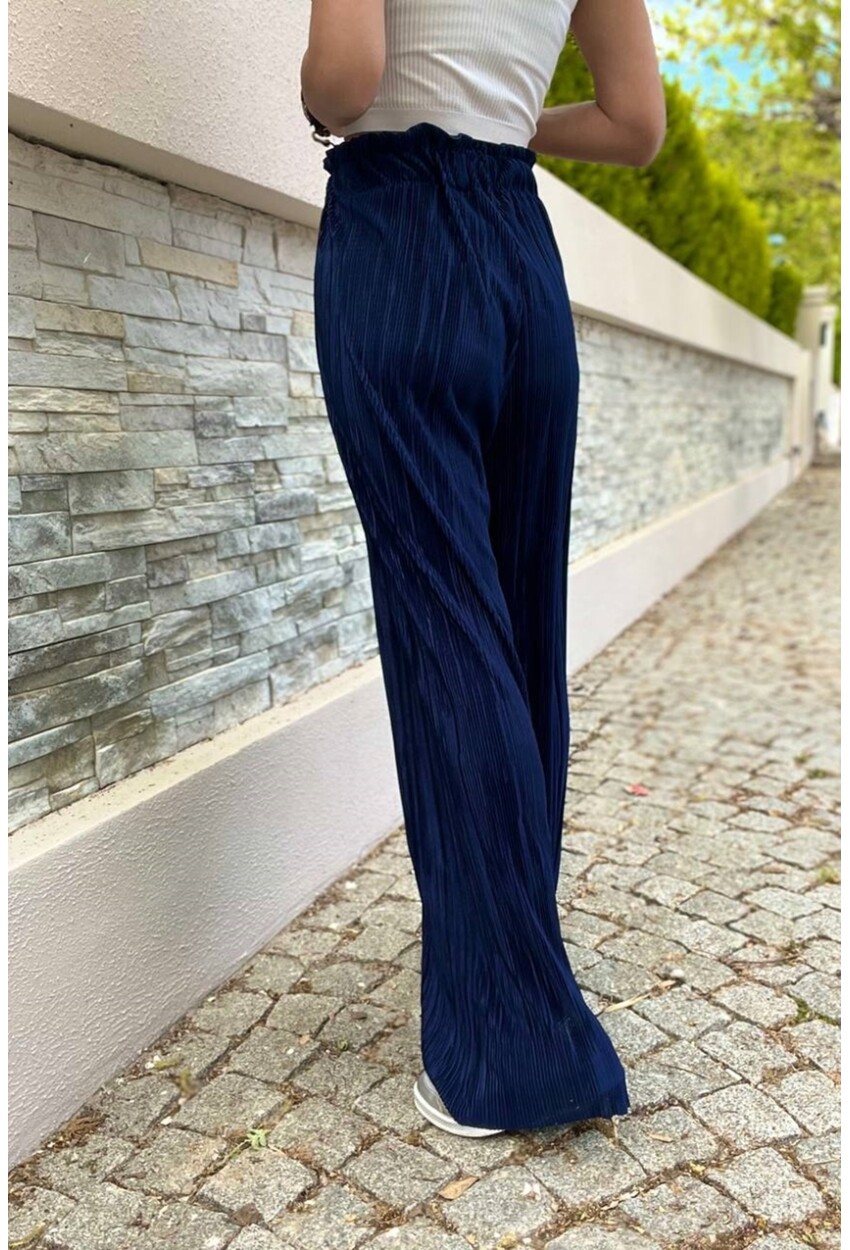 Kadın Lacivert Kendinden Dokulu Beli Lastikli Bol Paça Salaş Pantolon BST700-3578
